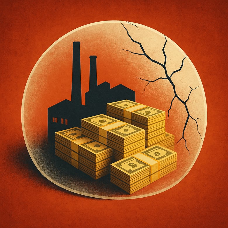A conceptual illustration of money at riskIndustrial plant silhouette with stacks of currency or abstract financial graphs fading or collapsingAlternatively a visual of a factory or grid wrapped in a fragile shield with cracks appearing hinting at vu-1