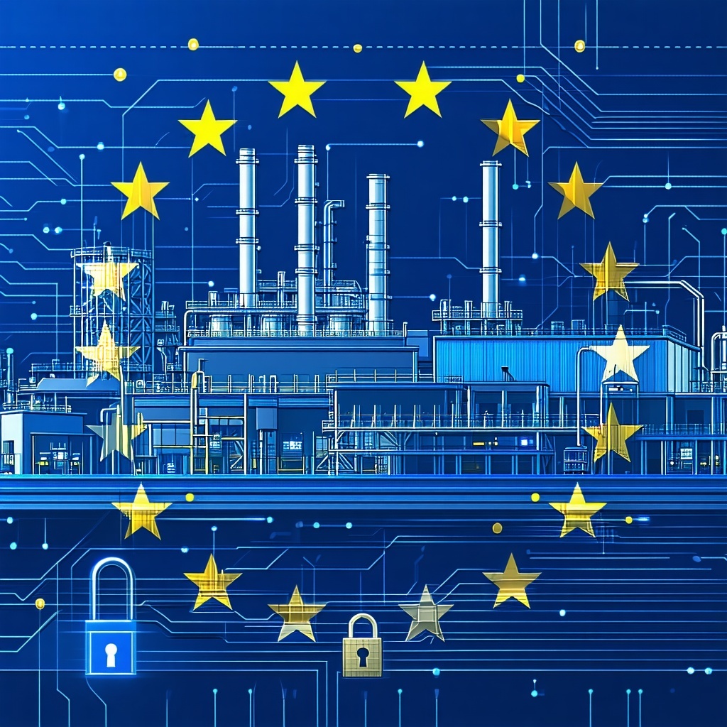 A stylised European flag or regulatory document iconAn industrial facility or OT environment eg factory SCADA interface PLC chipDigital overlay eg padlock circuit board CE marking symbolGraphical elements representing conformity or compliance checkli-2