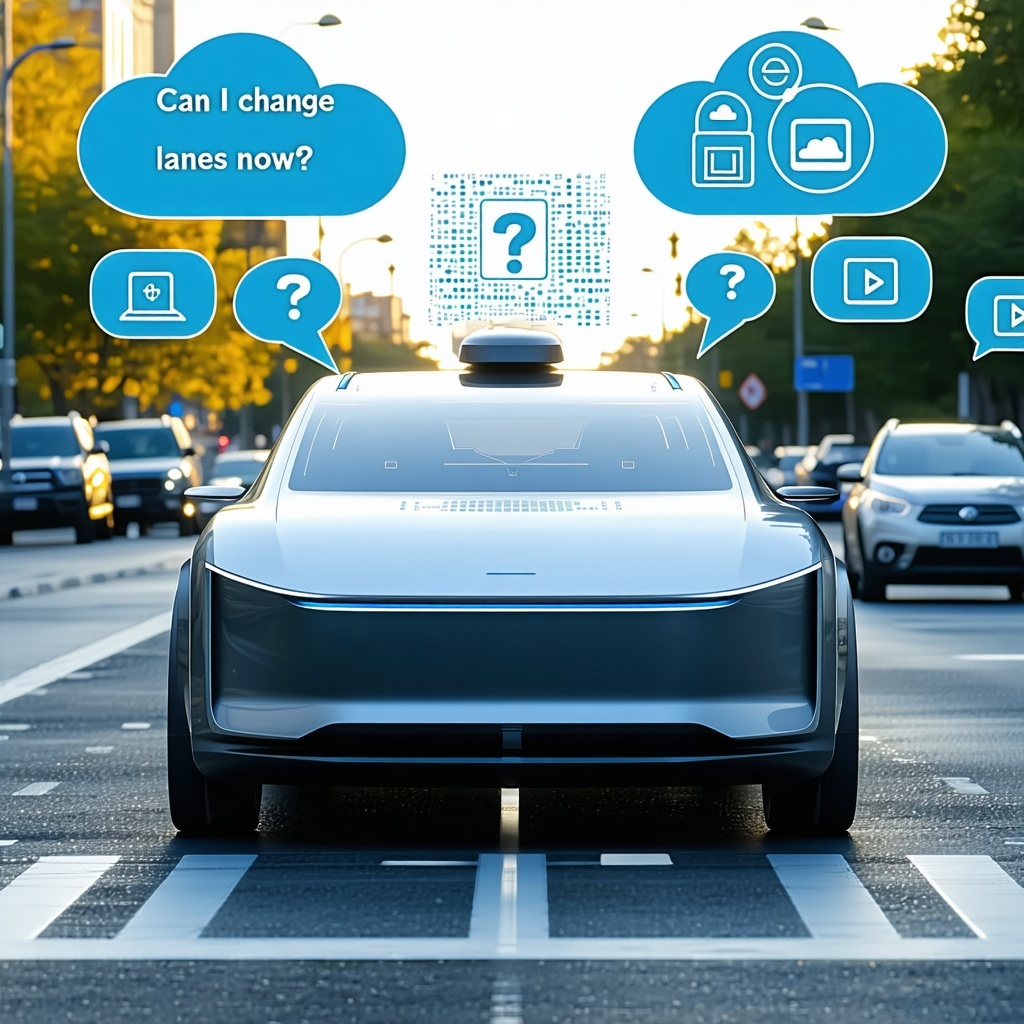 An autonomous vehicle hesitating at a traffic intersection with thought bubbles showing questions like Can I change lanes now while cloudbased authentication icons float above or disconnectedhighlighting the need for instant local authentication at t-1