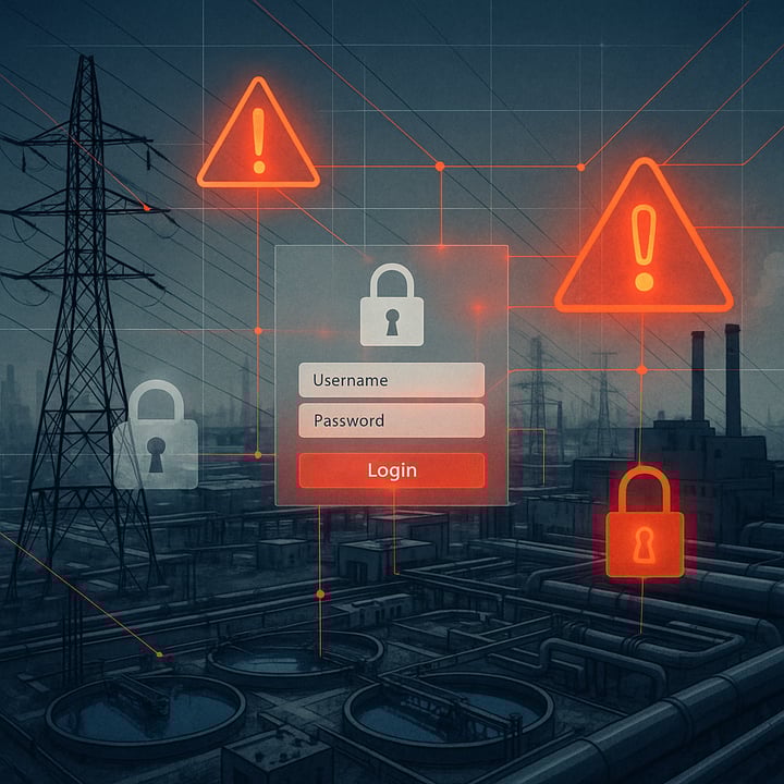 Cover Image Hero VisualA cityscape or industrial infrastructure power grid water plant factory pipelines overlaid with digitalcyber elements such asFading padlock icons or authentication promptsGlowing red warning signals connected to control pointsN