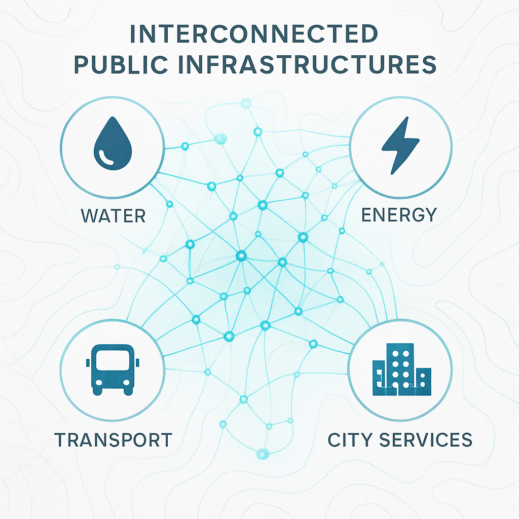 Create a clean modern infographic that visualises the interconnection between public infrastructures  water energy transport and city services Use thi-1