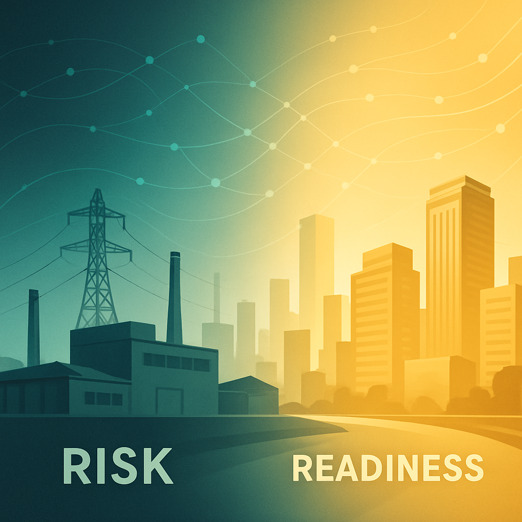 Create a hopeful forwardlooking visual showing the transition from risk to readiness The scene could be a modern facility plant or cityscape gradually-3