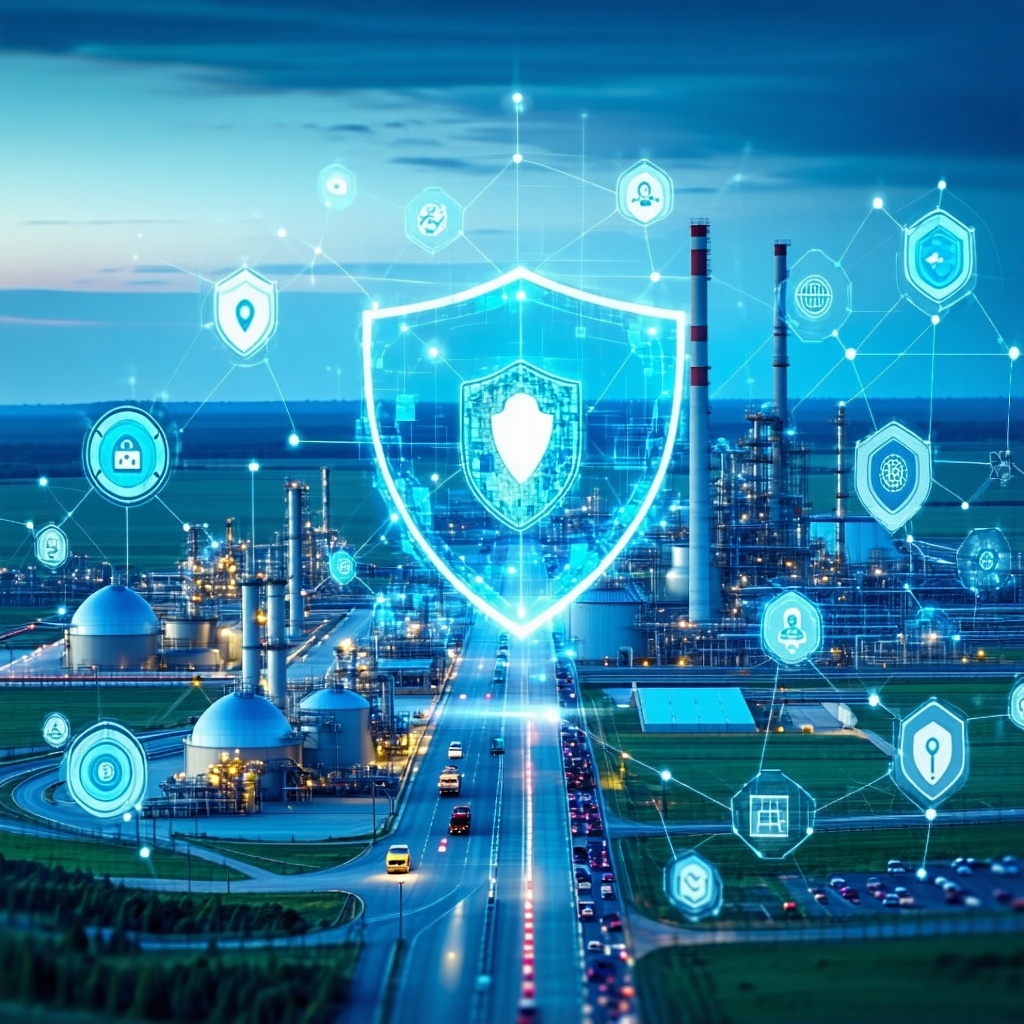Create an image showing a secure digitally protected industrial landscape under a clear sky with diverse infrastructure icons factories energy plants transport surrounded by shield symbols and connected by a glowing network representing collective re-1
