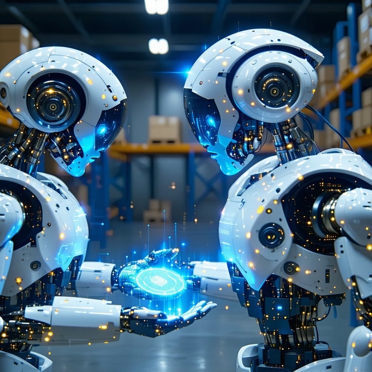 Design RequirementsTheme ConceptRepresent AIpowered robots and edge devices working collaborativelyInclude a sense of secure communicationeg holographic authentication codes digital handshake or encrypted data streamsHighlight decentralisation and p