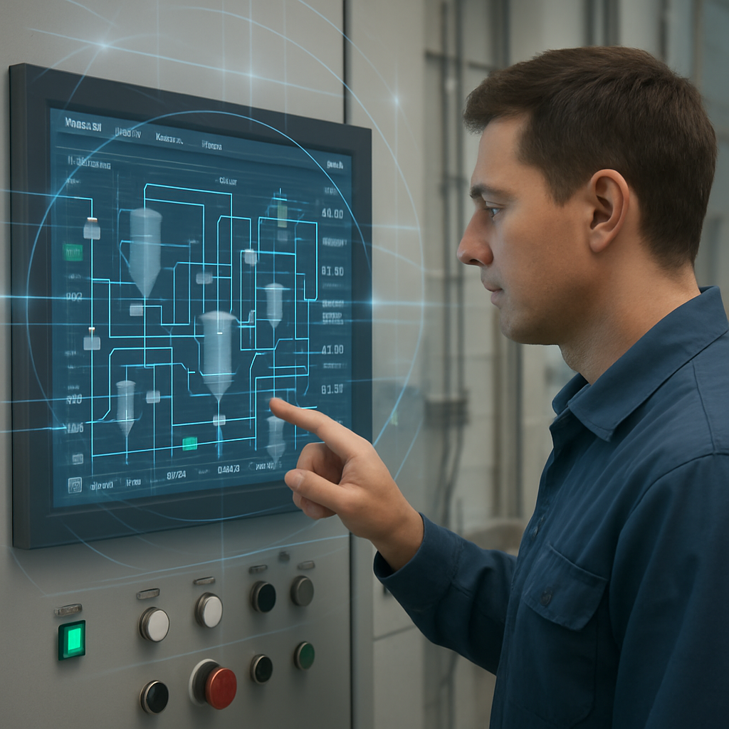 Design a semirealistic illustration or photocomposite of an industrial control environment Show a control panel or HMI screen with system data visible
