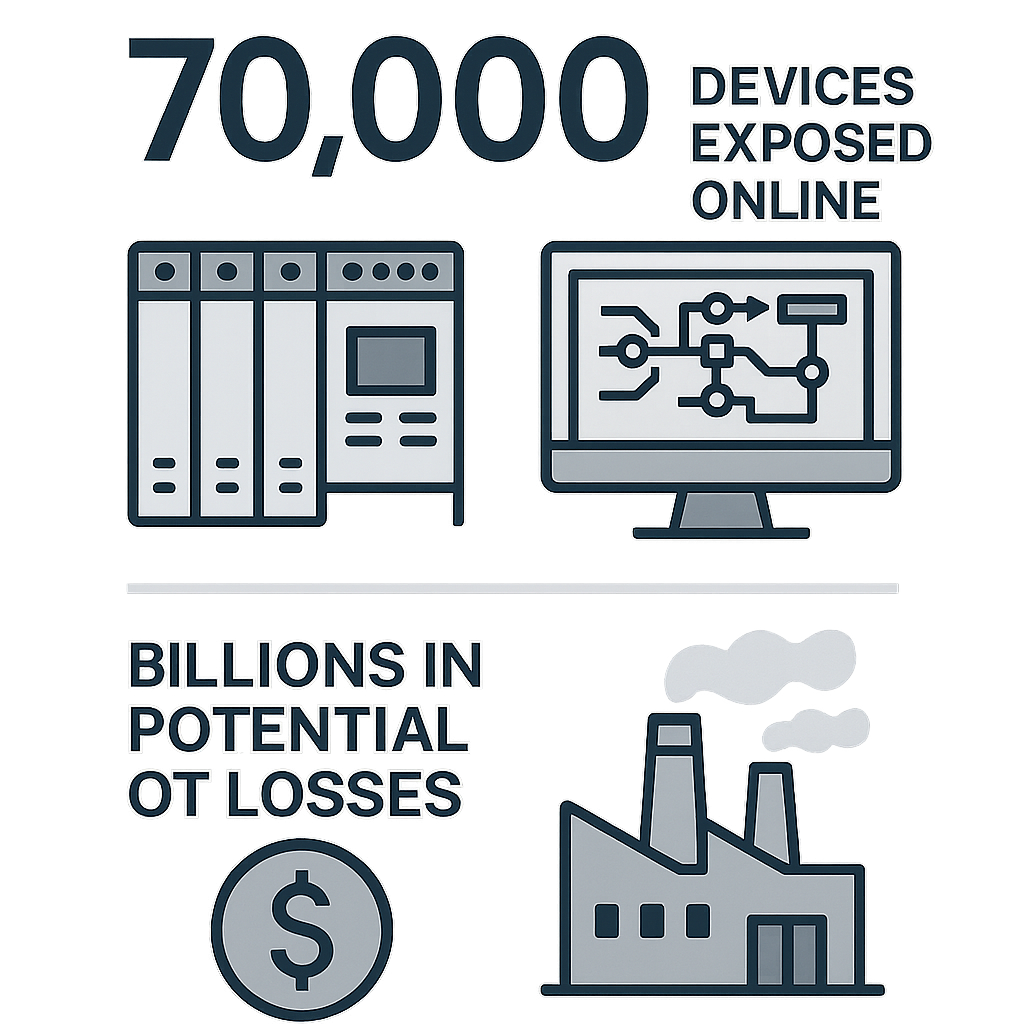 Optional Infographic ElementIf you want a sharable graphic for LinkedInA simple statistic visual70000 OT devices exposed online big bold number with icons of PLCs SCADA screensBillions in potential OT losses finance  industry iconsClean corporate sty-2