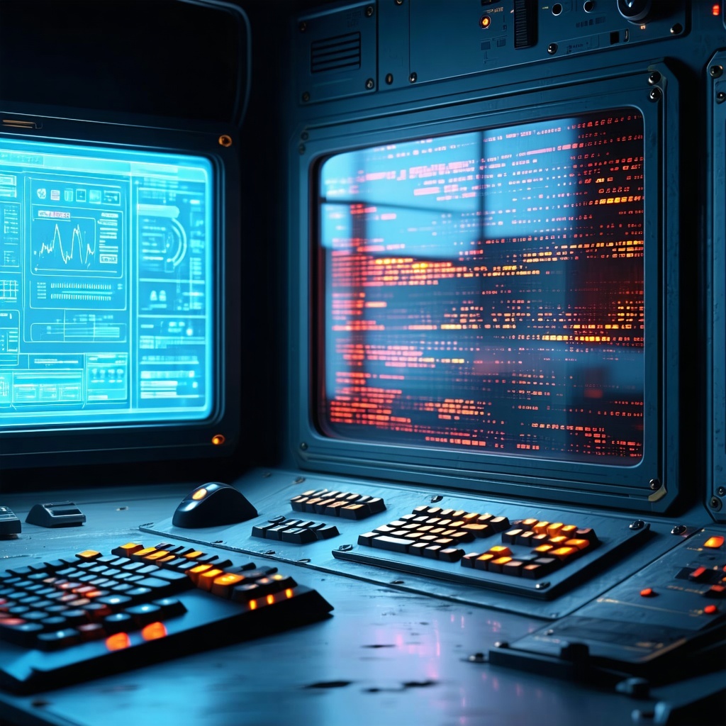 Silent Systems with Hidden RisksA control panel in a quiet offline roomeverything looks normal but theres a faint red warning light or malware code faintly reflected on the monitor implying compromise without connection-1