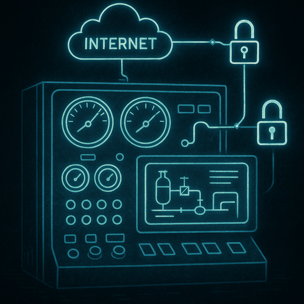Supporting Visual Exposed DevicesAn OT control panel or SCADA screen glowing in the dark connected to the internet cloudLines or connections showing exposure eg unlocked or open connection symbolsHighlight outdatedlegacy feel dials old screens with