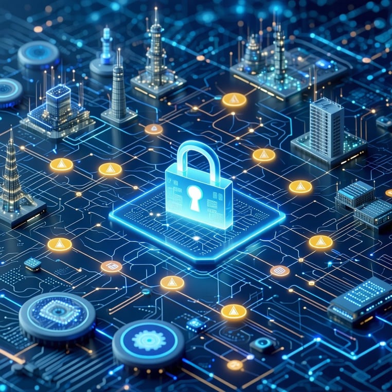 The image depicts a complex digital landscape illustrating the intricate components of a Public Key Infrastructure PKI system In the foreground a stylized representation of a Certificate Authority CA is shown surrounded by interconnected nodes symbol-1