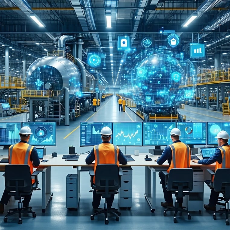 The image depicts a futuristic control room filled with advanced technology monitoring a sprawling manufacturing plant Screens display realtime data on machinery performance energy consumption and security alerts Engineers and technicians clad in saf-1