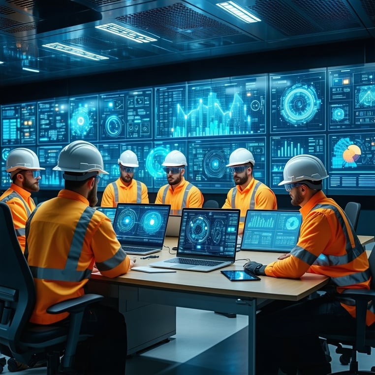 The image depicts a modern industrial control room bathed in soft ambient lighting A large wallmounted screen displays complex data visualizations and realtime analytics related to distributed control systems In the foreground a diverse group of engi
