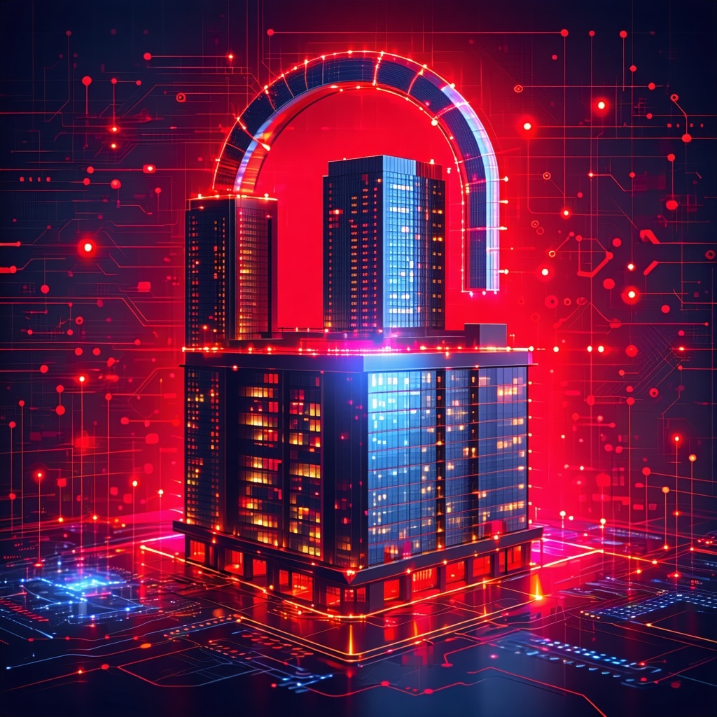 you need to create an image that shows 2025 Smart Building Control Systems Breach which means smart building in danger in cyber security with red color and a hacking you need to create an image that shows 2025 Smart Building Control Systems Breach which means smart building in danger in cyber security with red color and a hacking